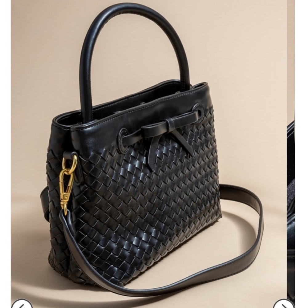 Madison West Black Cassy Woven Satchel Convertible Crossbody Top Handle Hand Bag